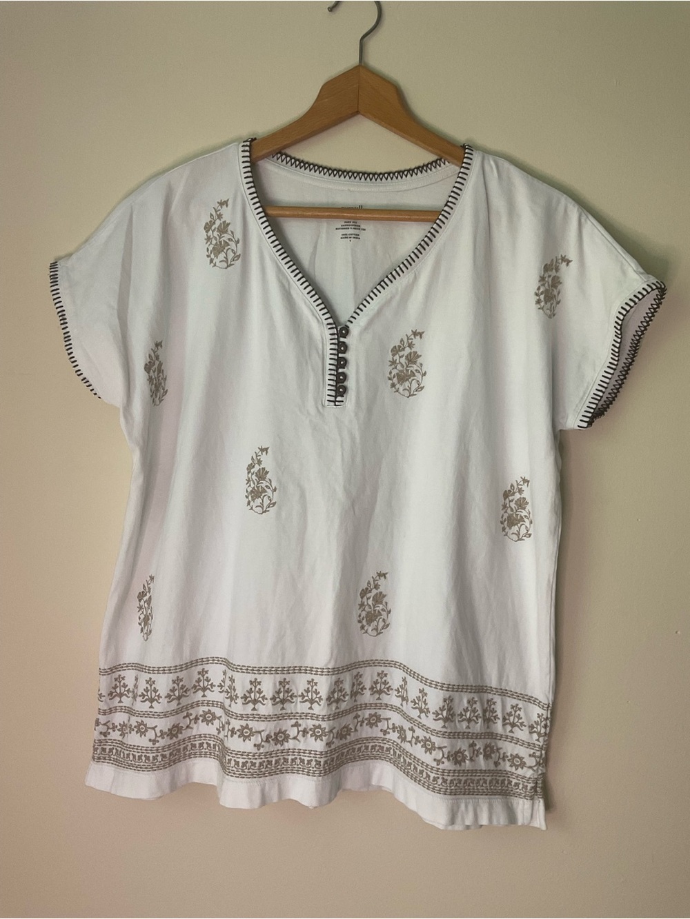 White Embroidered V-Neck Tunic with Taupe Motifs